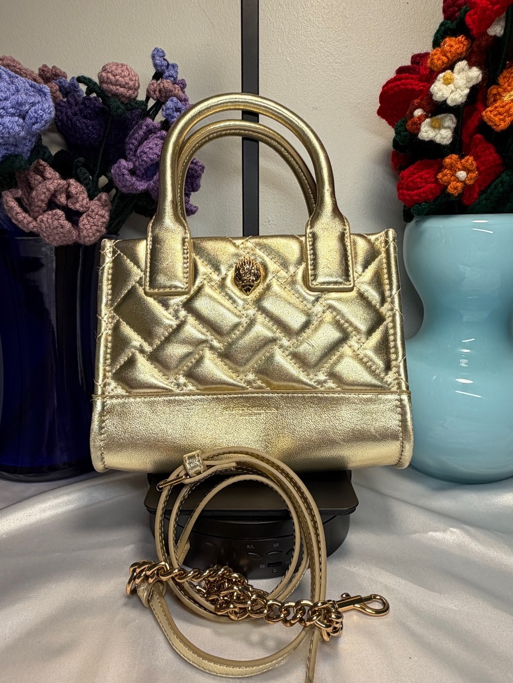 Kurt Geiger Xsmall Metallic Gold Quilted Satchel with crossbody Strap EUC